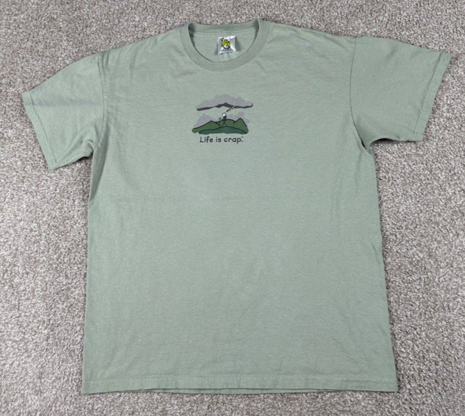 Life Is Crap Shirt Size Men Large Green Short Sleeve Hiking Outdoor Funny Parody
