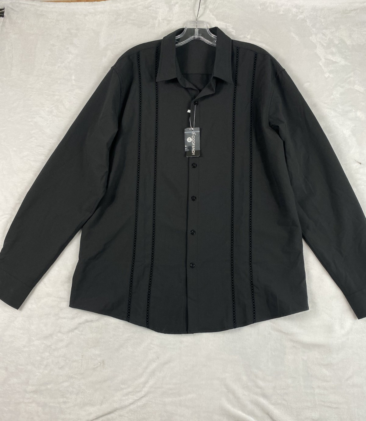 NWT Coofandy Button Up Shirt Men Sz L Black Long Sleeve Vacation Cuban