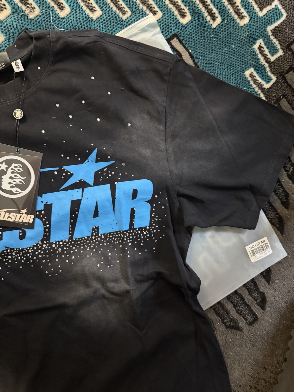 Hellstar Men’s Black Blue Cotton Jersey Graphic Logo Crew Neck Tee Size M