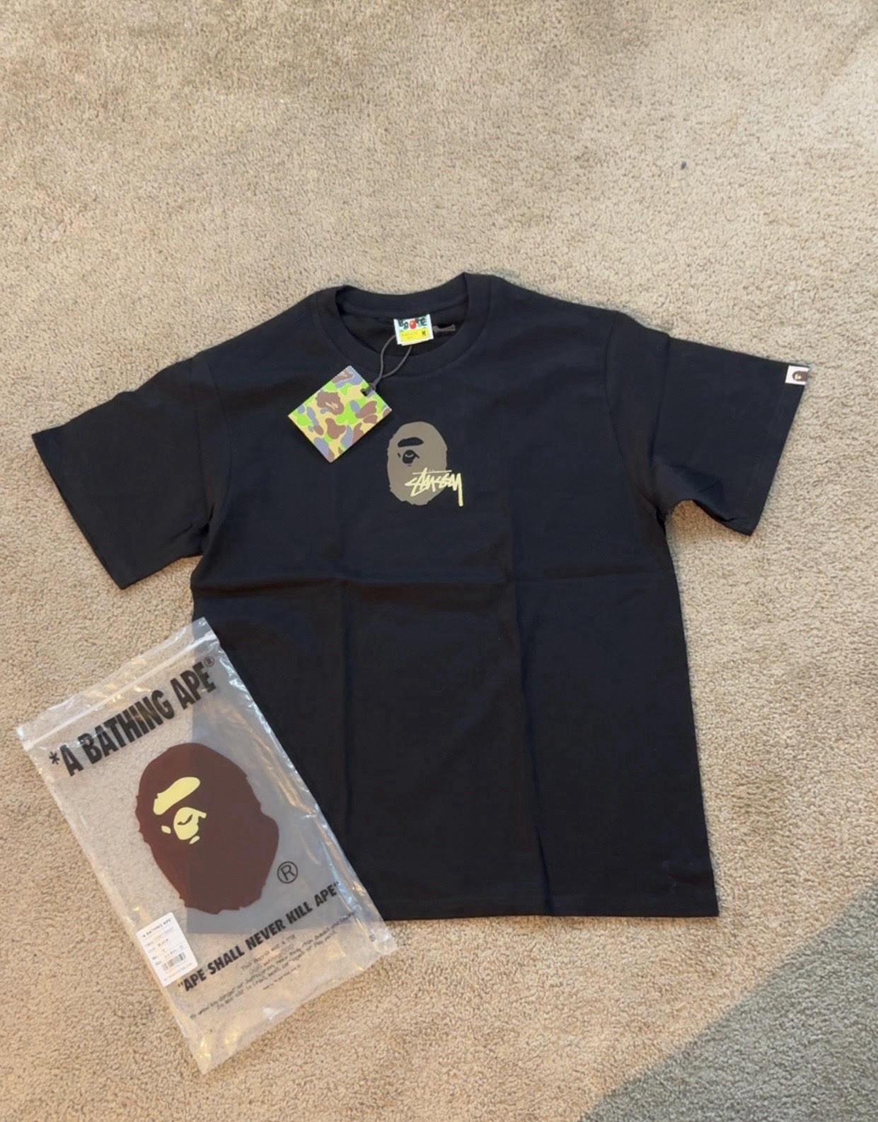A Bathing Ape BAPE x Stussy Graphic Logo Tee Black Crew Neck Short Sleeve L