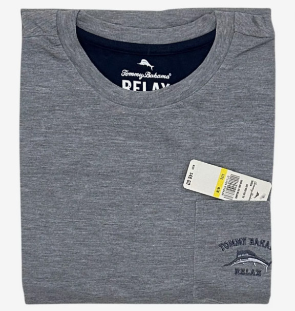 $48 TOMMY BAHAMA Embroidered Logo GREY Relaxed Fit Short Sleeve Pocket T-shirt