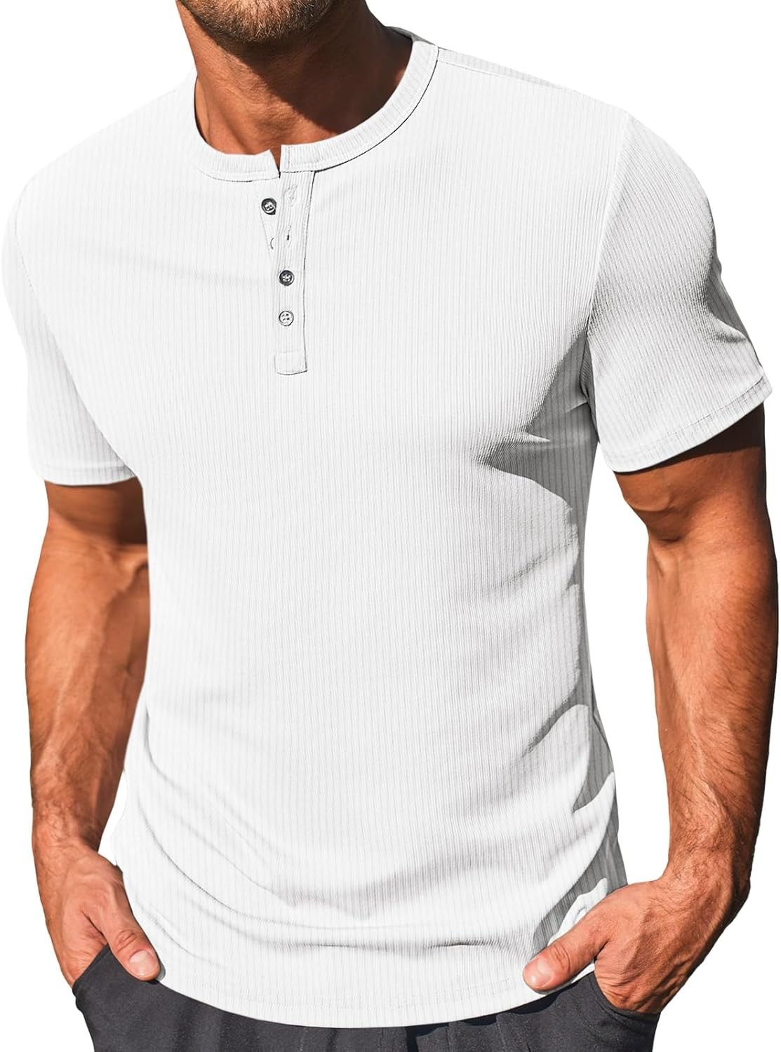Men’s Henley Shirt Short Sleeve Casual Ribbed Knitted Summer T-Shirt XL