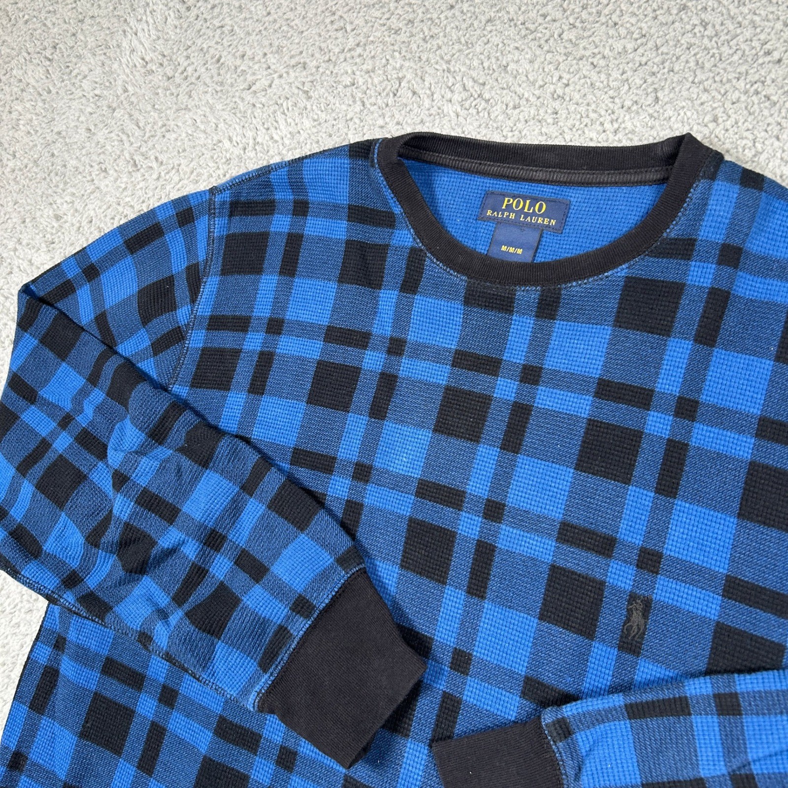 Polo Ralph Lauren Sweater Mens Medium Blue Black Plaid Waffle Knit Preppy
