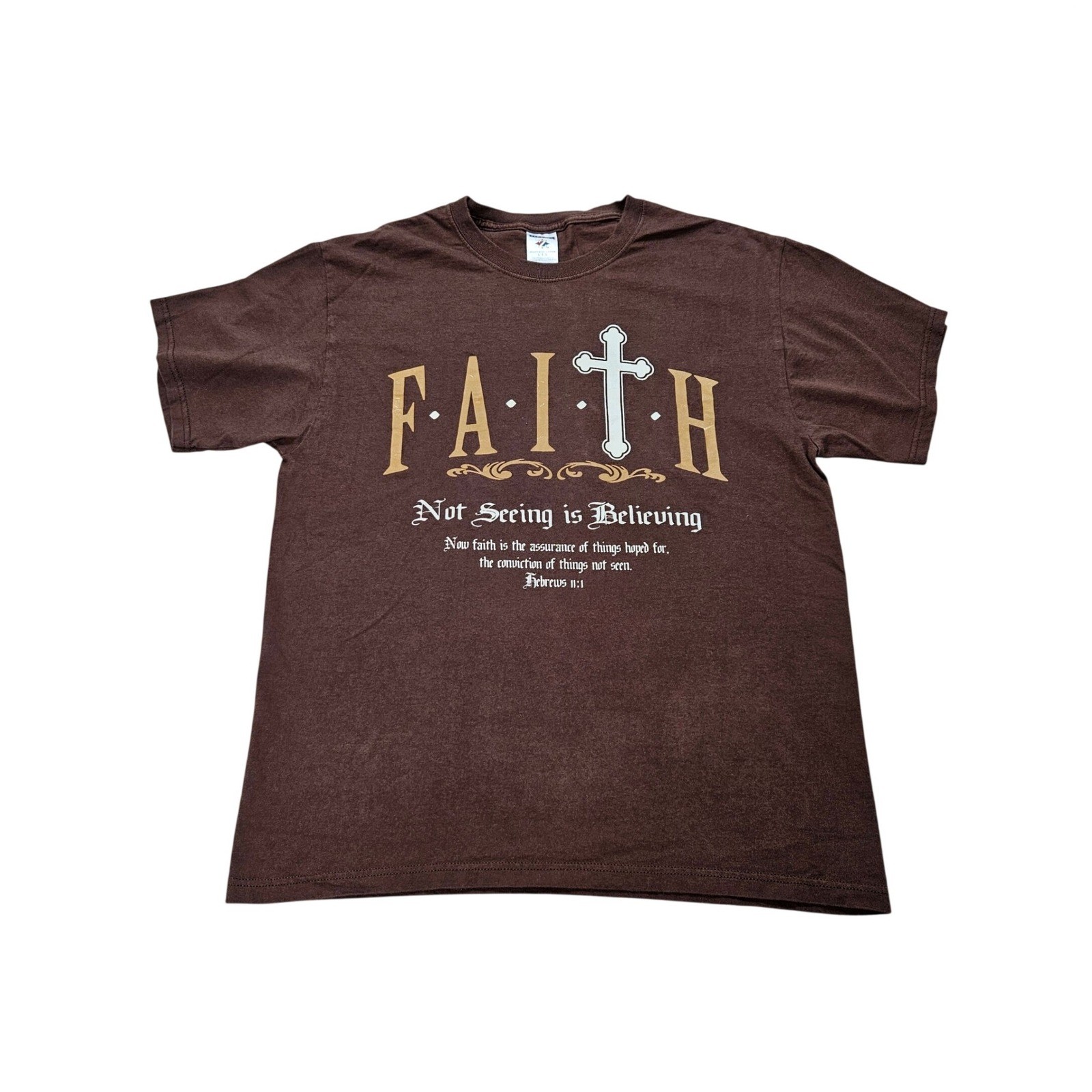 Jerzees Mens Faith Hebrews 11:1 Christian Graphic T-Shirt Brown L G Heavyweight