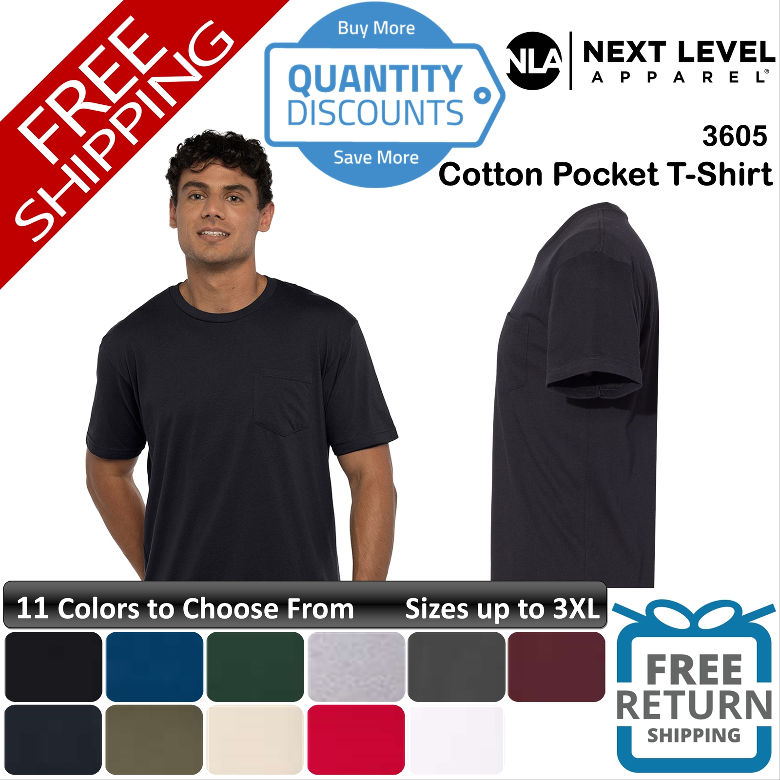 🔥 Next Level Men Cotton Chest Pocket Ring-spun Cotton T-shirt Up To 3XL 3605