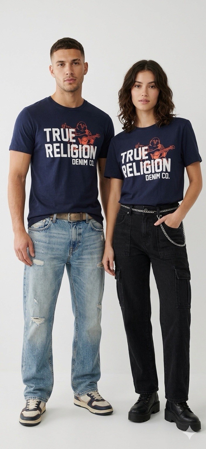 $69 TRUE RELIGION Navy BUDDHA APPROVED Short Sleeve Designer Graphic T-shirt NWT