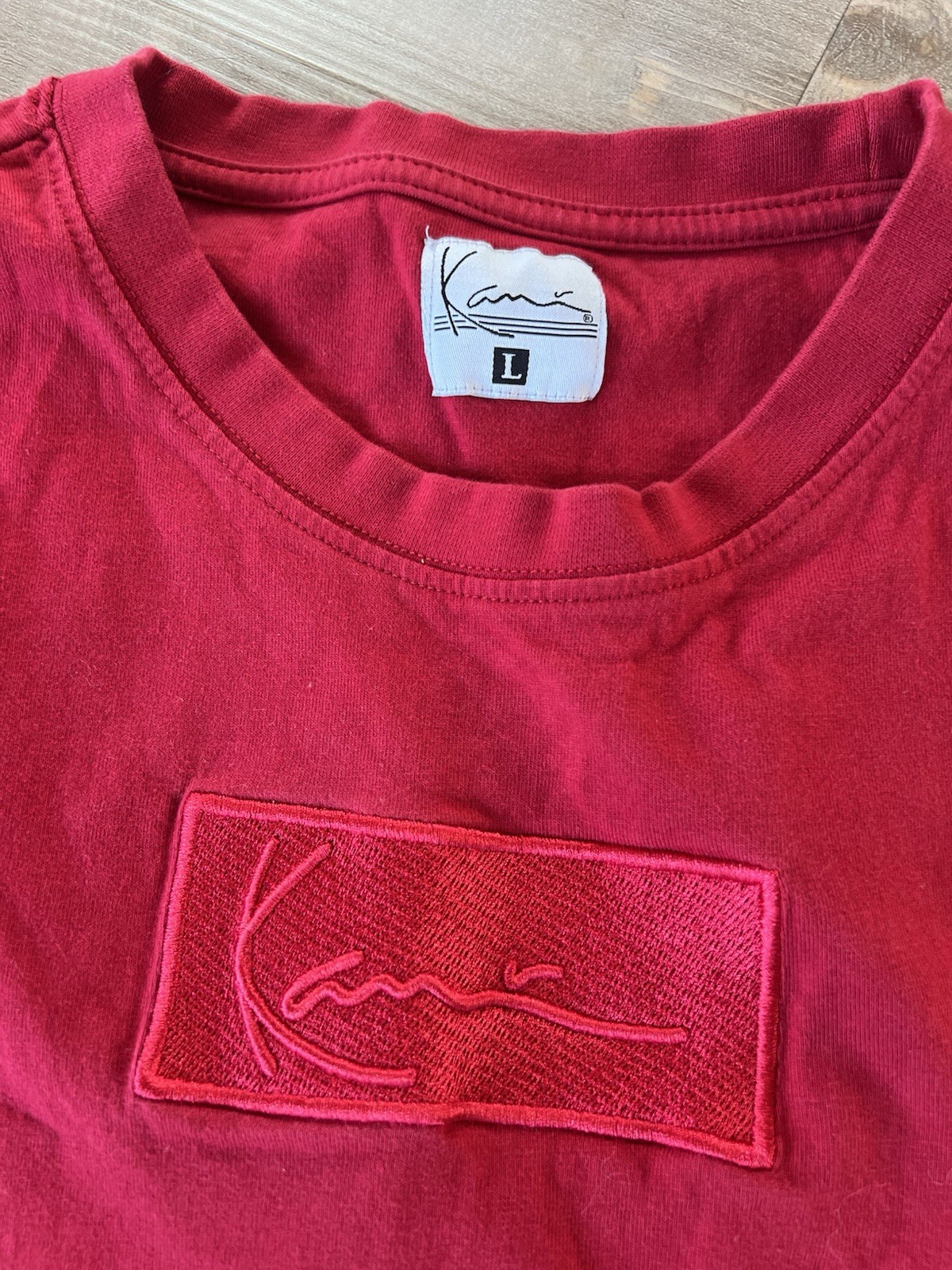 Karl Kani red short-sleeve T-shirt center logo LARGE P2P: 21.5 In Length 29.5in