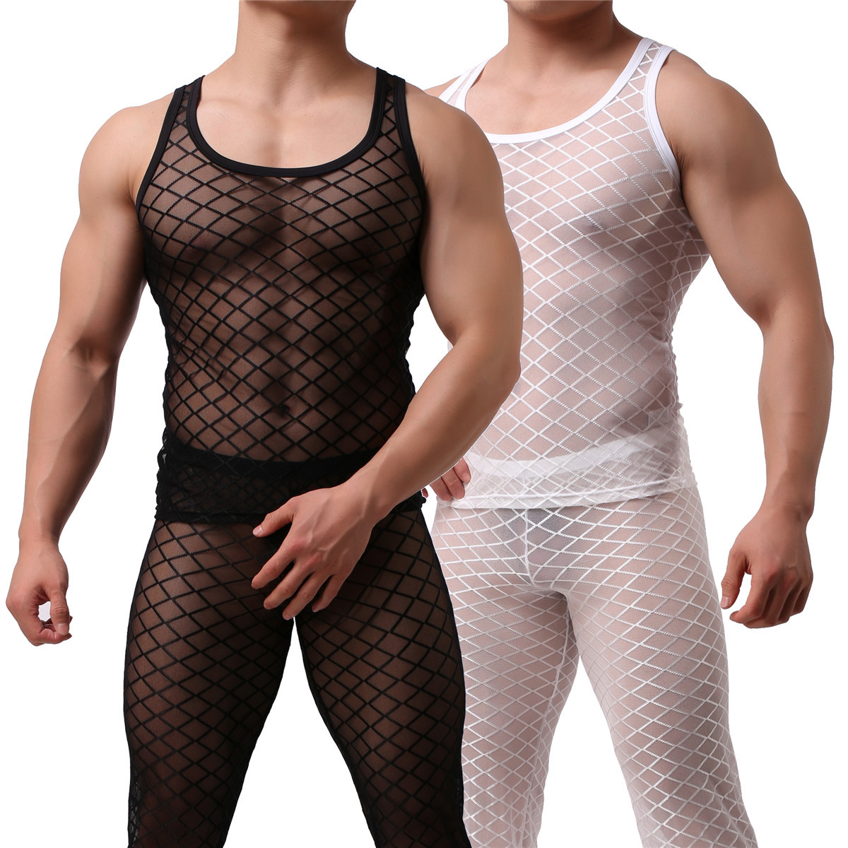 Fetish Mens Underwear Sheer Mesh Muscle T-Shirt Tank Tops Long Johns Trousers