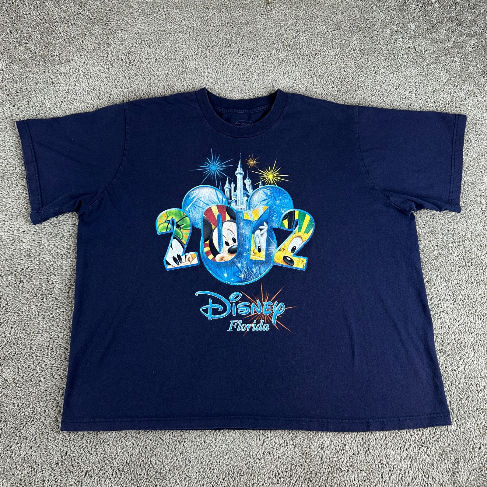 Disney Shirt Mens 2XL Blue New Years 2012 Fireworks Goofy Pluto Short Sleeve