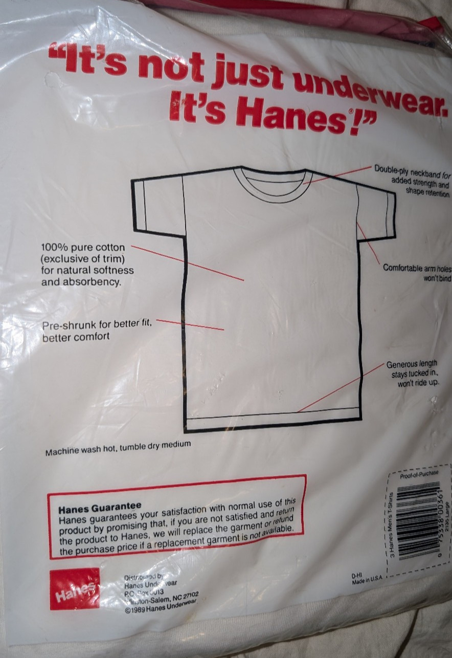 VTG 1989 HANES Crew Neck T-Shirts Men’s Sz Large White 3 Pack NOS 100% Cotton