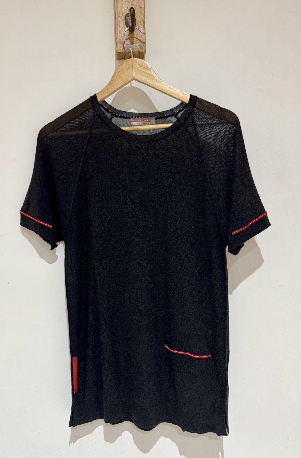 Vintage PRADA Sport Charcoal Viscose Knit Rubber Logo Round Neck Tee T Shirt 48