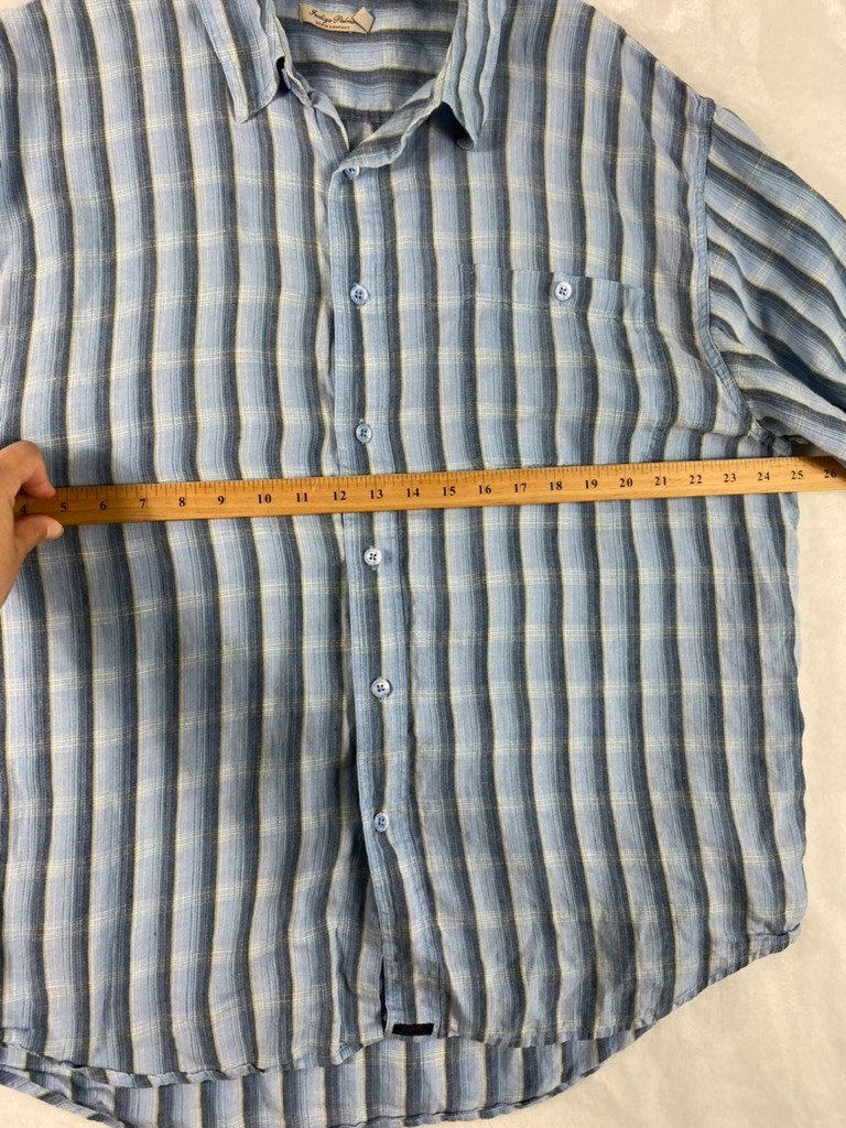 Indigo Palms 100% Irish Linen Shirt Men Sz XL Blue Plaid Short Sleeve Resort