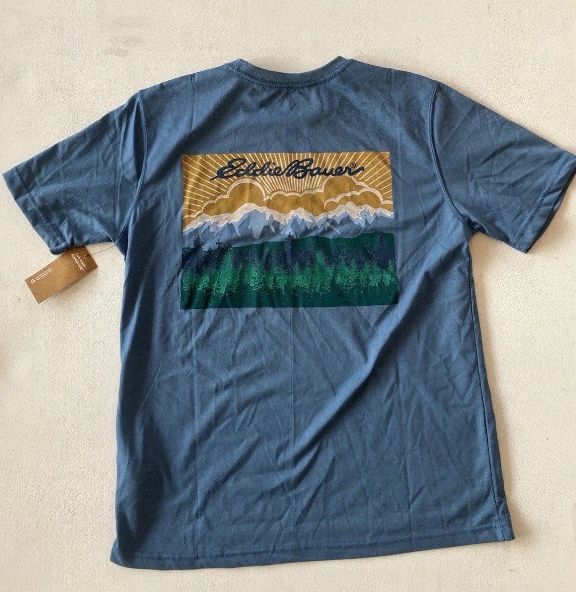 Eddie Bauer Mens Graphic T Shirt NWT Blue Mountain Sunset Logo Size Medium Hike