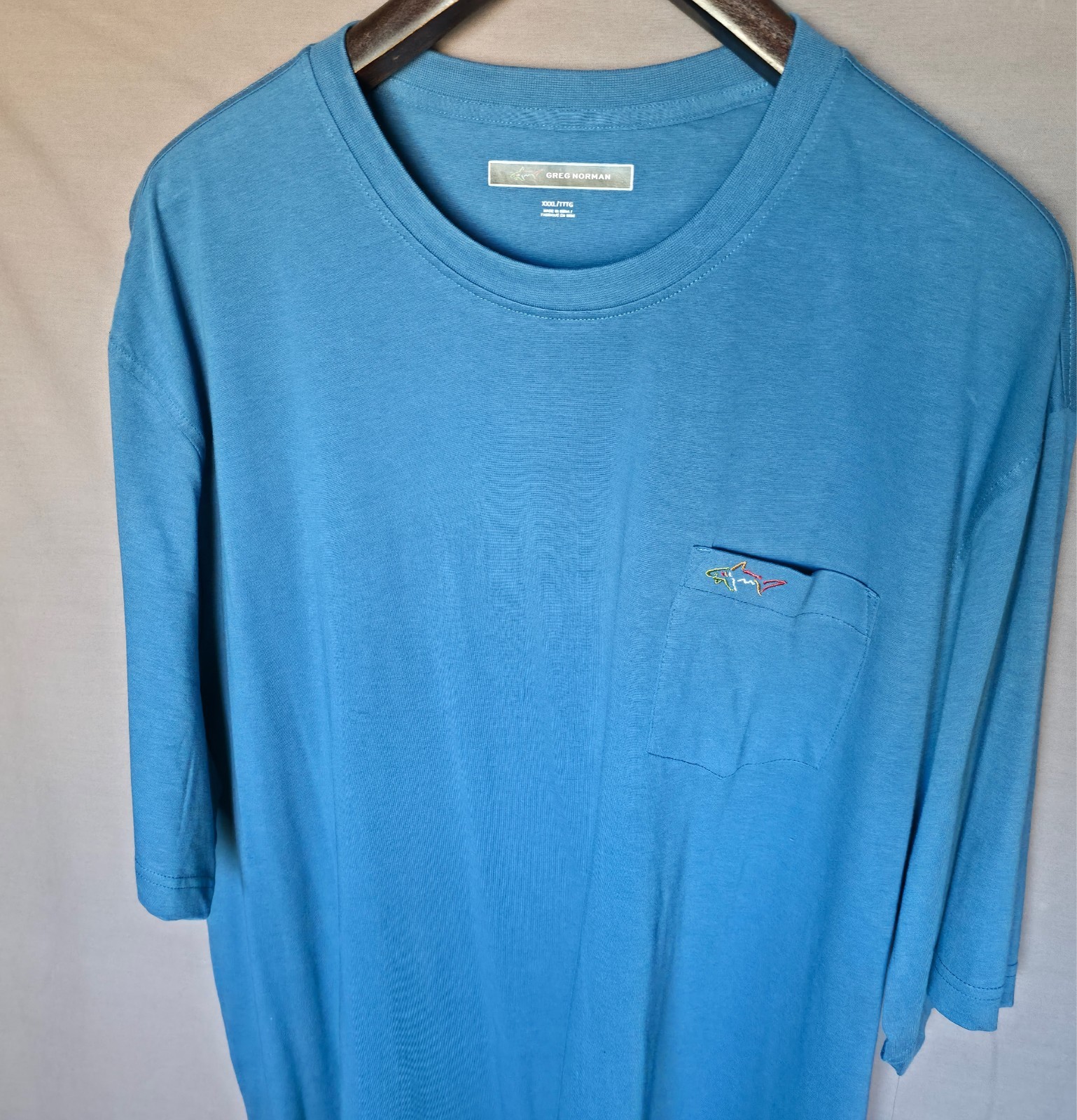 Men’s Greg Norman Pocket Short Sleeve Tee Shirt in Blue w/ Shark Logo SZ XXXL