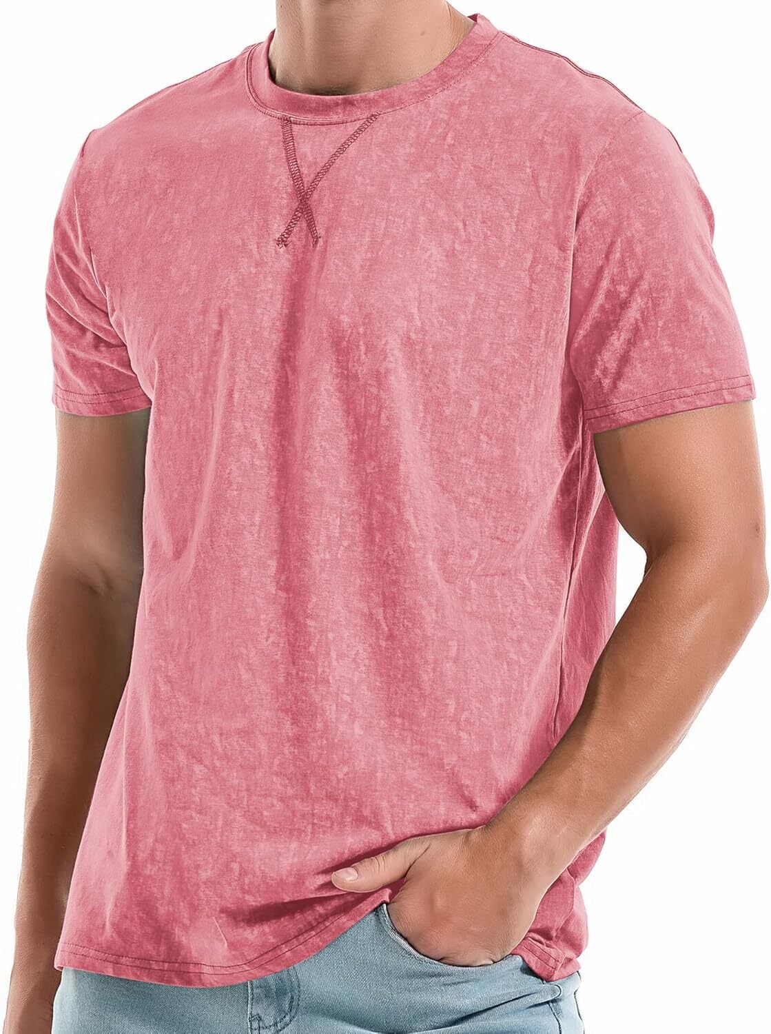 Men’s T Shirt Crew Neck Short Sleeve Cotton Spandex Washed Vintage Casual Tee