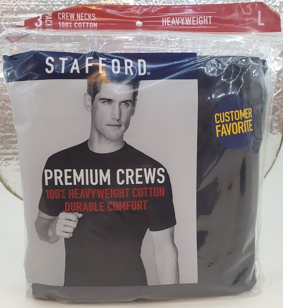 Stafford 3-Pack Men’s Heavy Weight 100% Cotton Crew-Neck T-Shirt Large Black