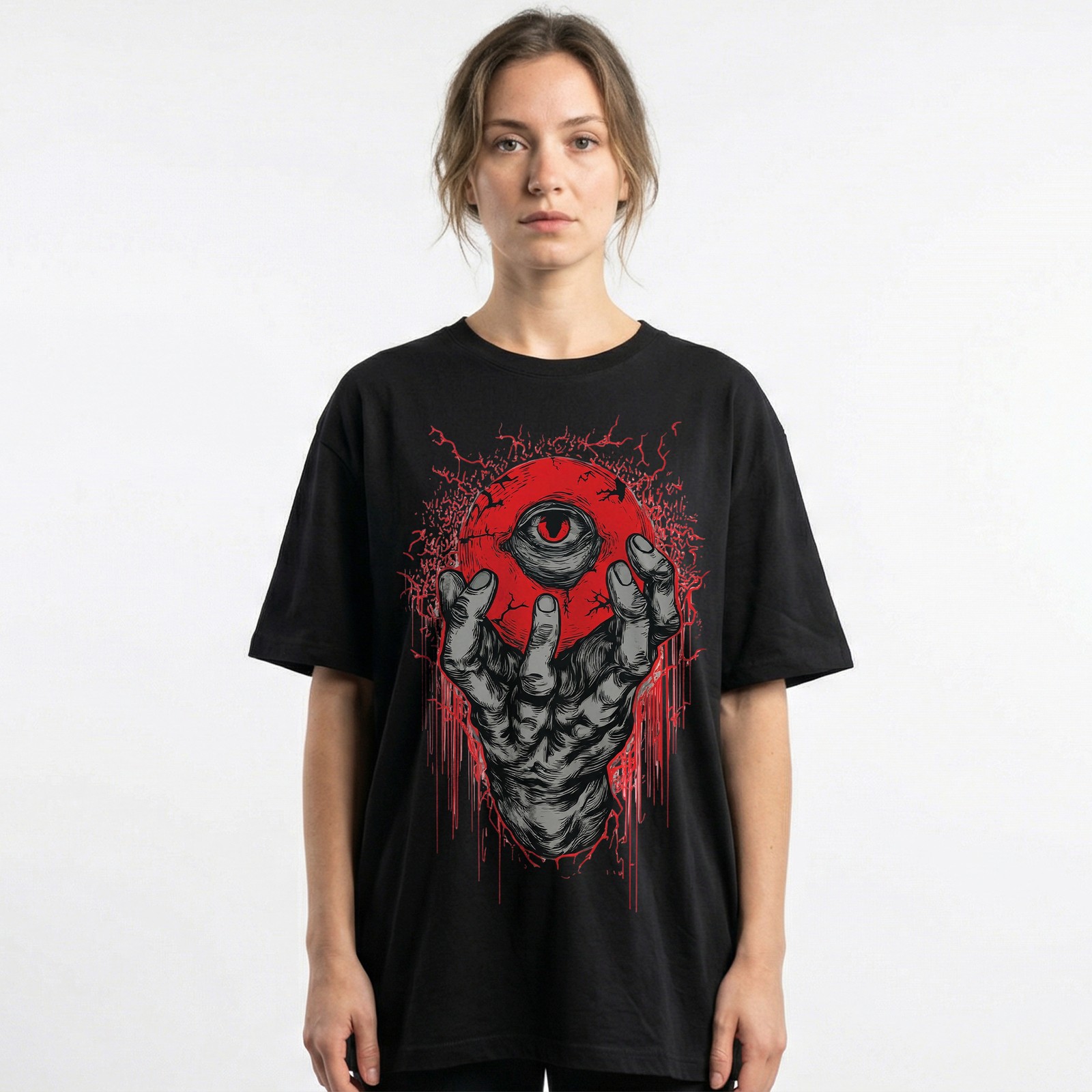 Demon Hand Holding Red Eyeball Horror Dark Gothic T-Shirt Occult Satanic Art Tee