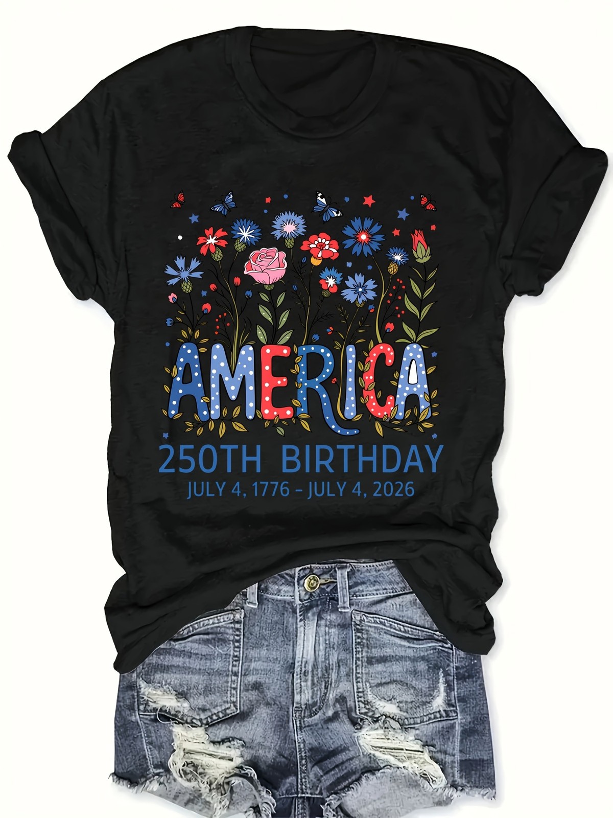 Women’s USA 250th Birthday 1776–2026 Floral Butterfly Patriotic T-Shirt
