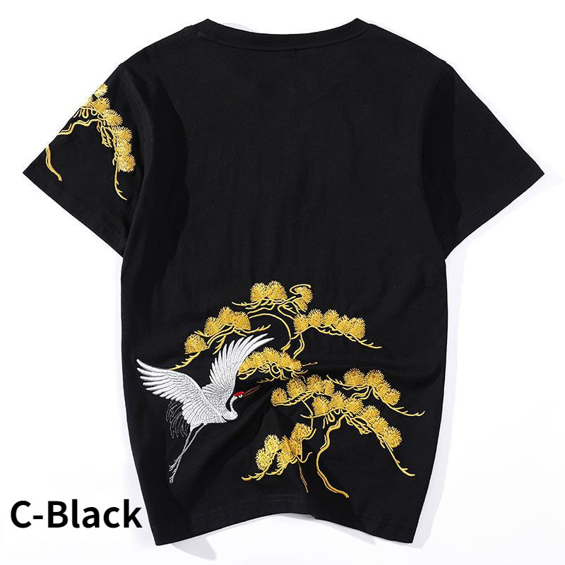 Men Short Sleeves Top Chinese Ethnic Crane Embroidery Blouse Casual T-Shirt Base