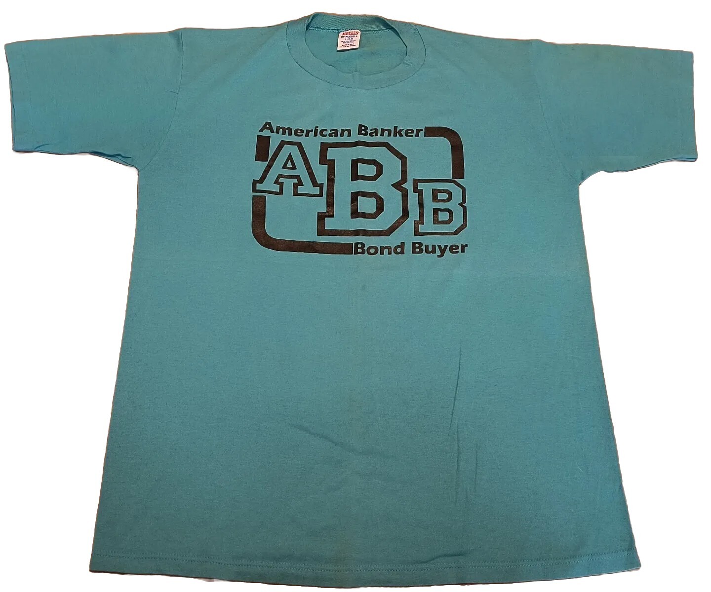 Vintage American Banker t shirt L 80s single stitch distressed teal bond buyer