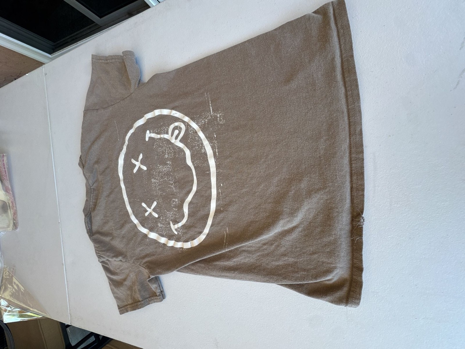 Nirvana Brown Two-Sided Graphic T-Shirt Stencil Logo Smiley Face. Reprint with a