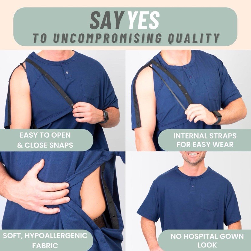 Post Shoulder Surgery Shirt for Men Full Snap Open Tear Away Short Sleeve Large