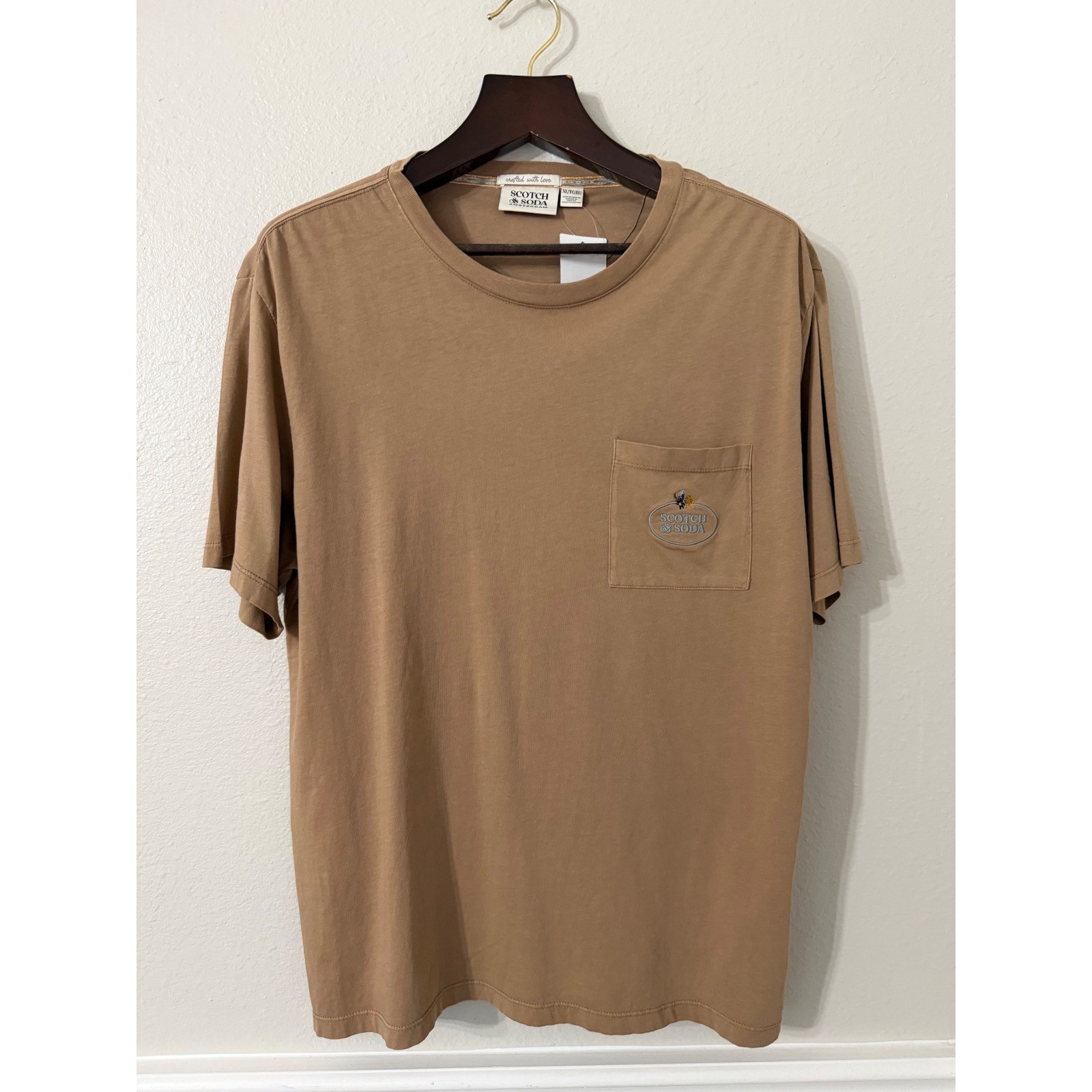 Scotch & Soda Mens XL Pocket T-Shirt Tan Brown Embroidered Logo Amsterdam Tee