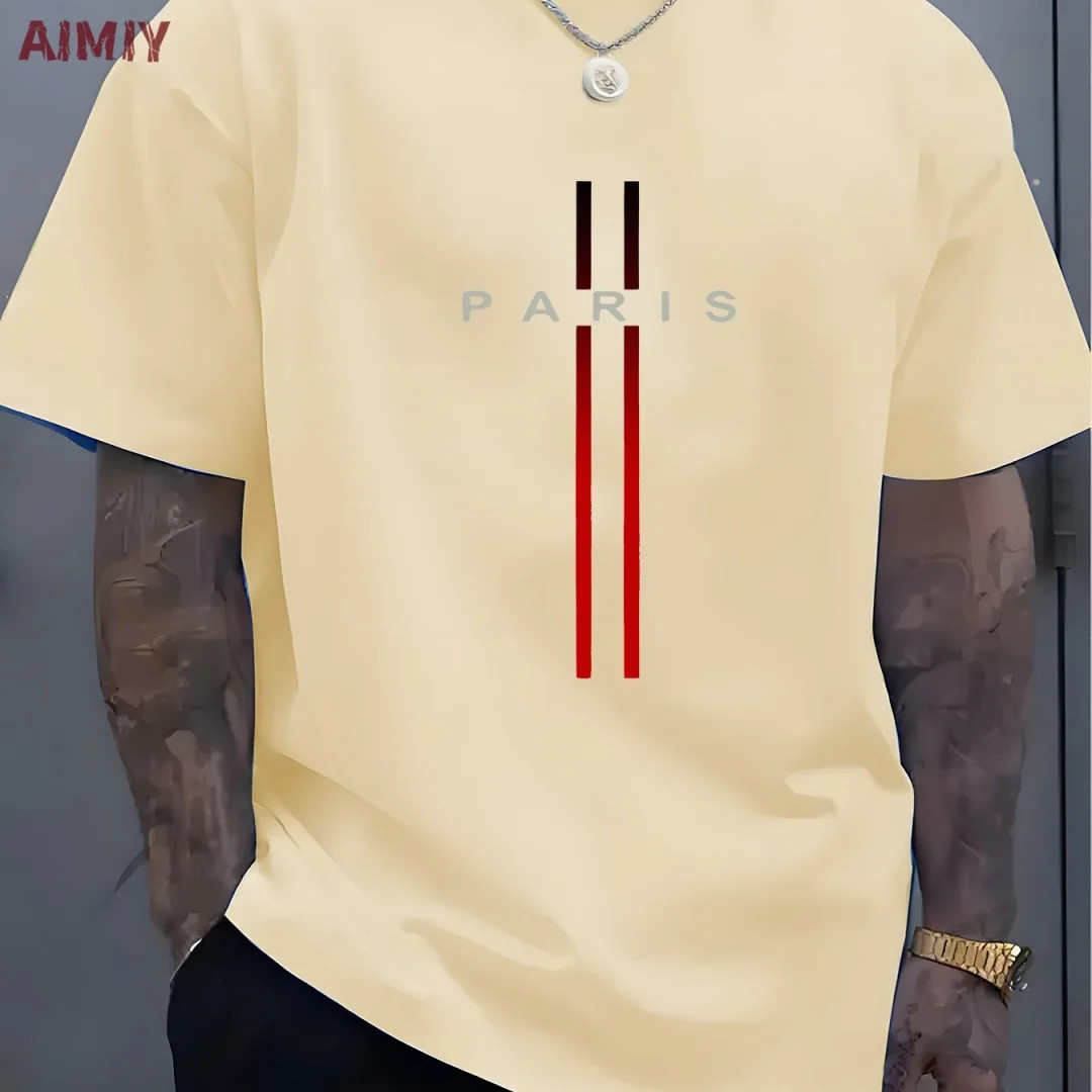 Summer Men’s T-shirt Top Casual Loose Fit Oversized T-shirt PARI Letter Pattern
