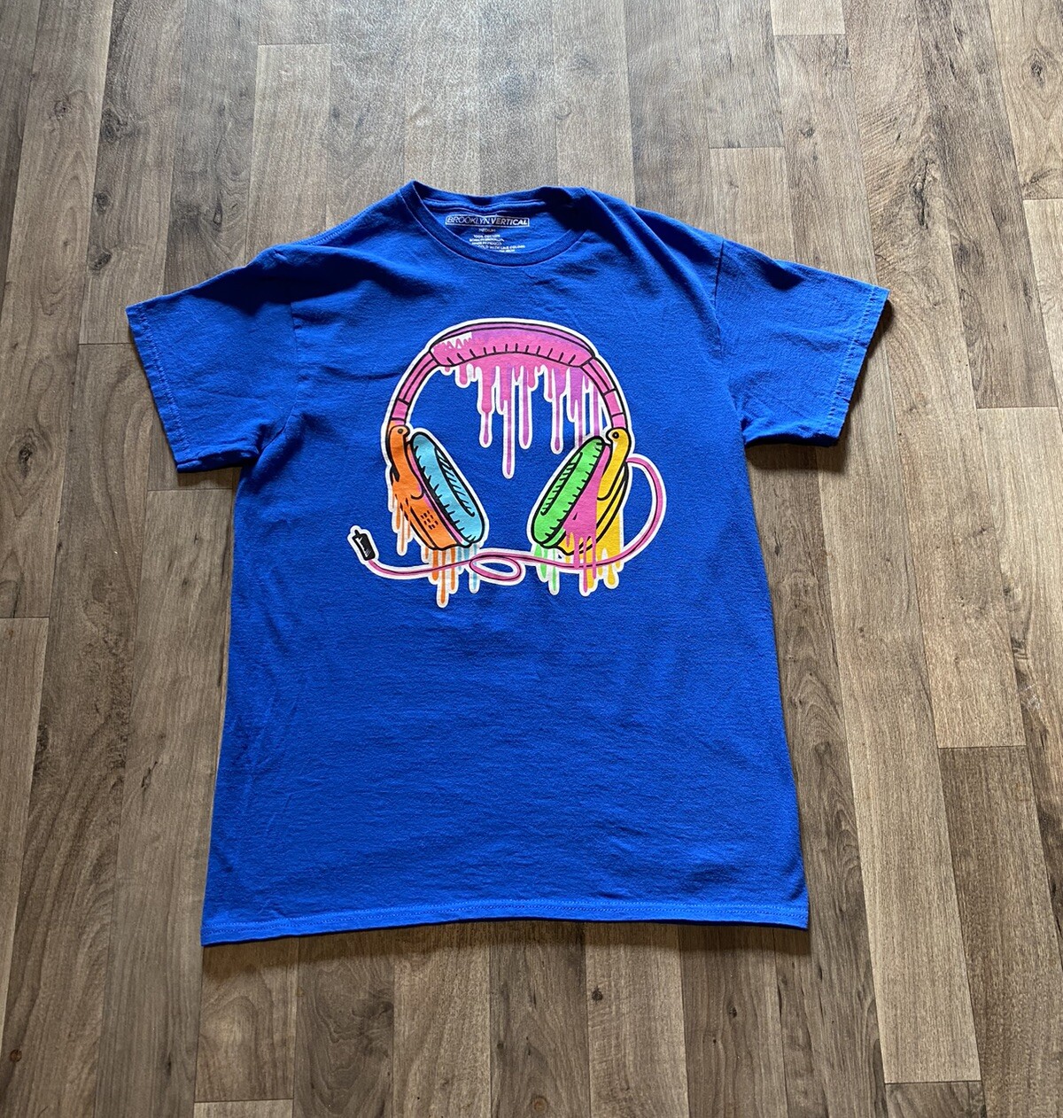 Brooklyn Vertical Tee Shirt Size Medium Streetwear Blue Melted Headphone