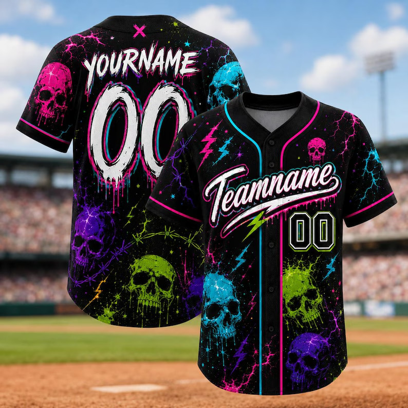 Custom Neon Skulls Lightning Baseball Jersey Personalized Name Number Shirt Kids