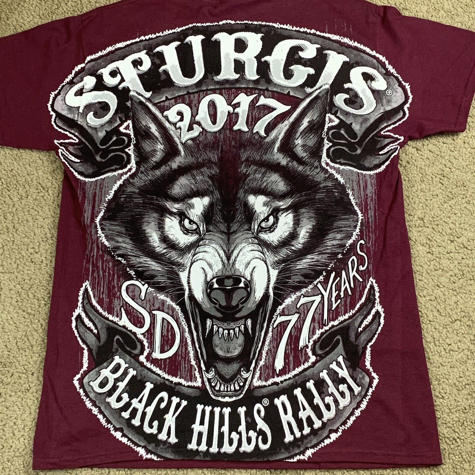 Sturgis MEDIUM Maroon Shirt Wolf AOP Biker Black Hills Rally 2017 South Dakota