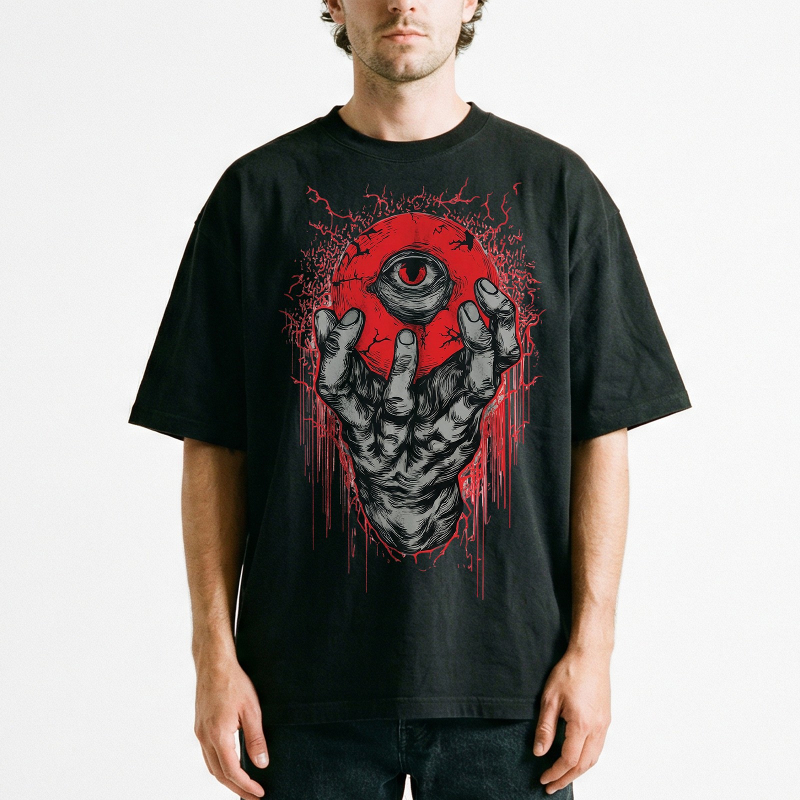 Demon Hand Holding Red Eyeball Horror Dark Gothic T-Shirt Occult Satanic Art Tee
