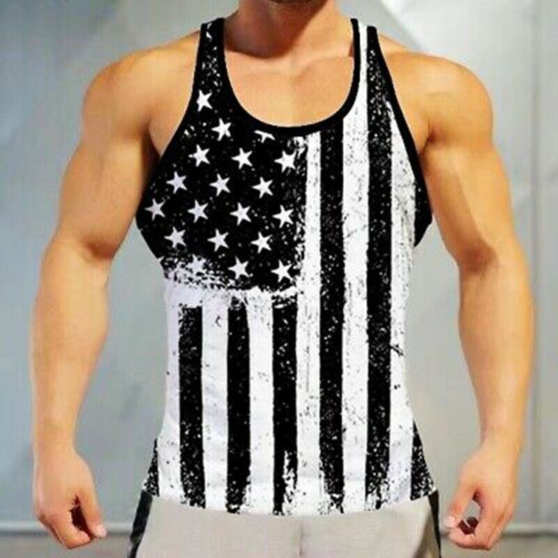 Men Sport Vest Muscle American Flag Sleeveless Workout Gym Athletic T Shirt Soft