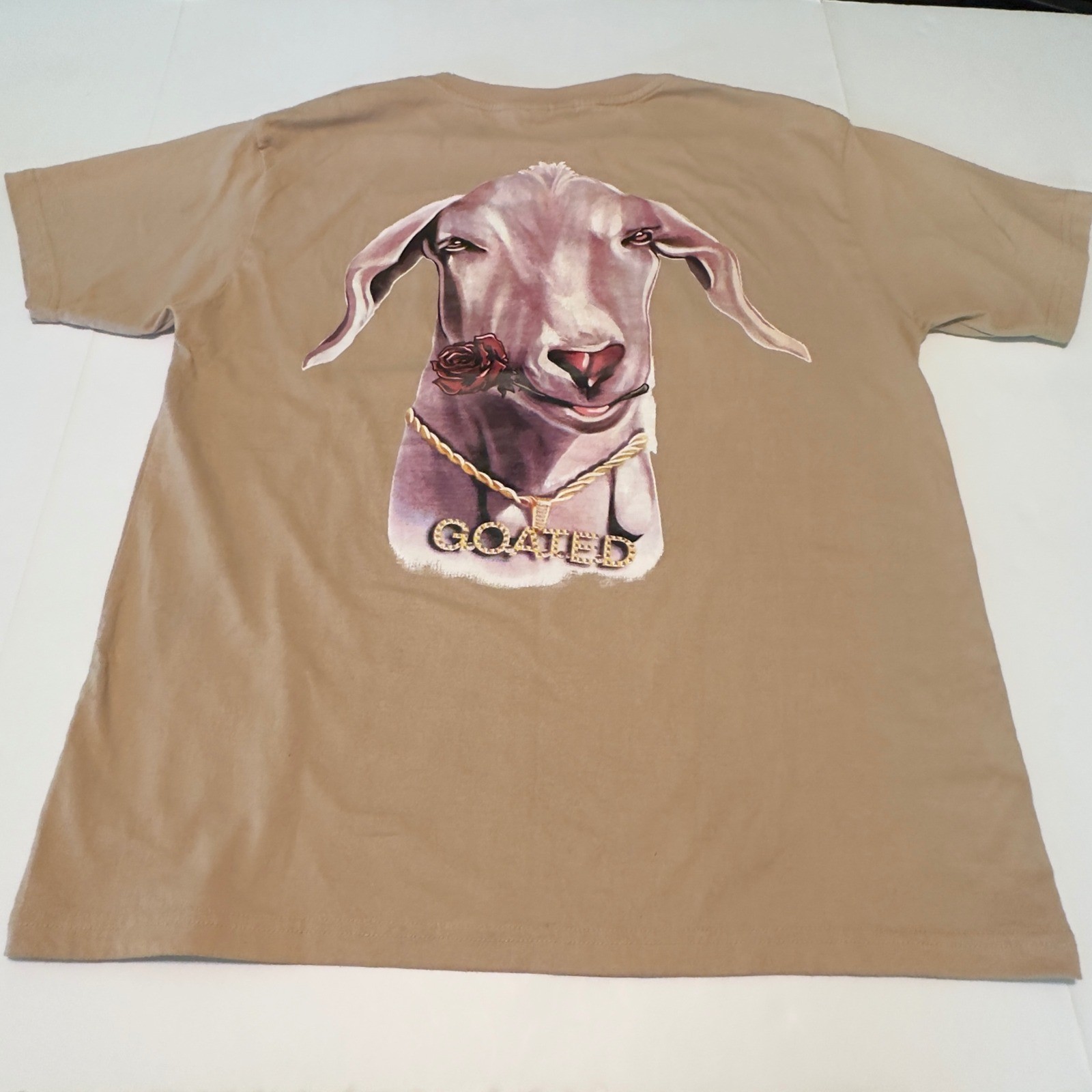 Goated Collection Tan Graphic T-Shirt Mens Large Streetwear Goat Rose Chain Tee