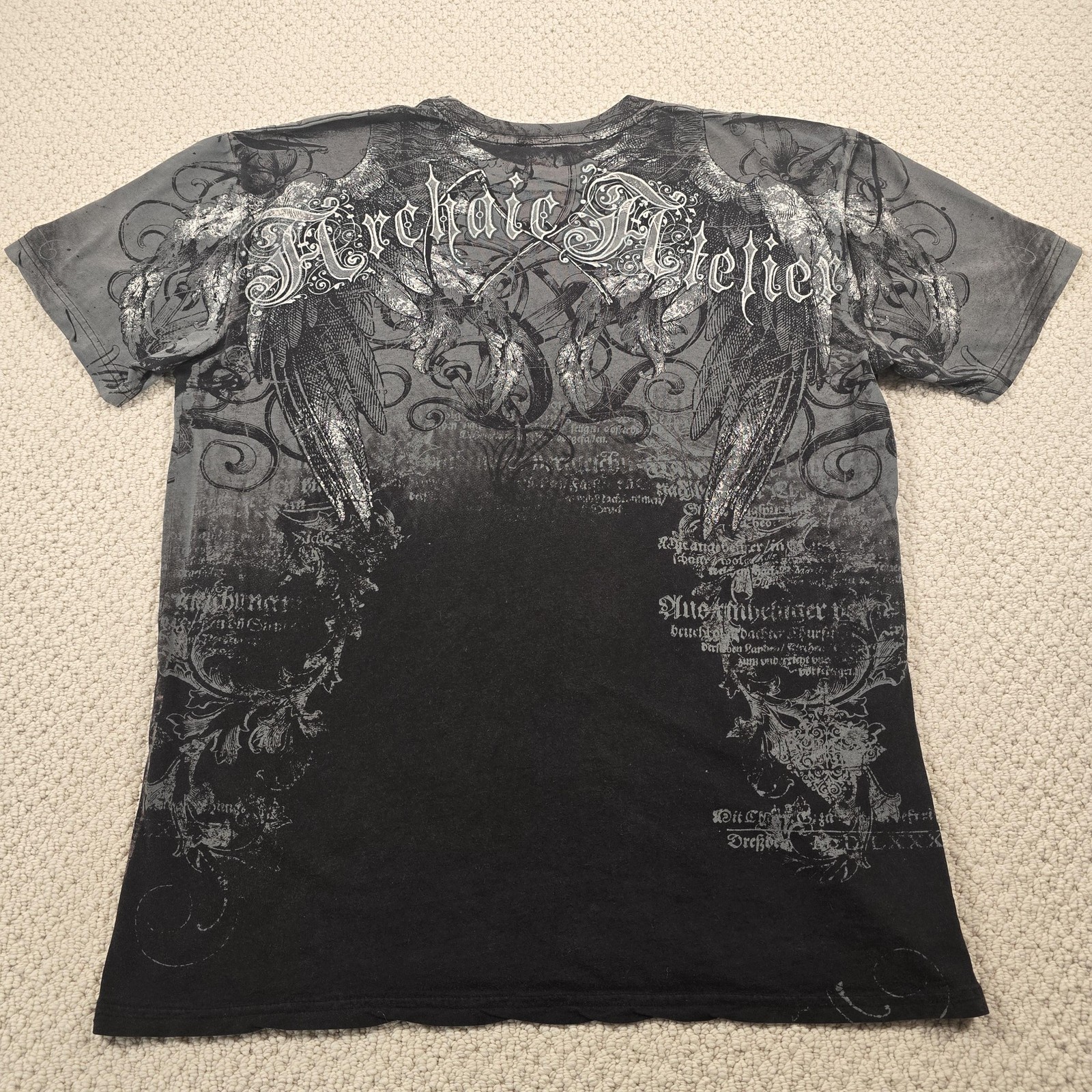 Archaic By Affliction Shirt Mens XL Black Gothic Wings Skull Allover Graphic