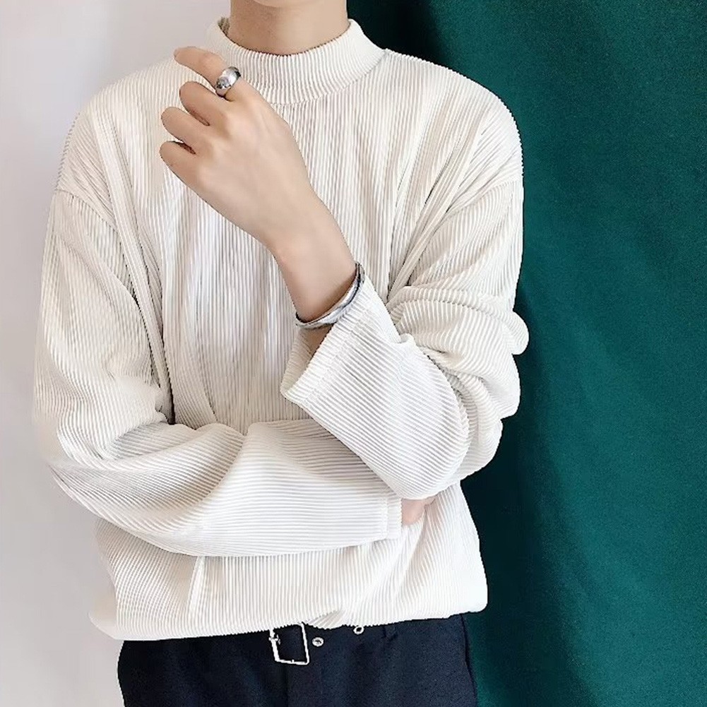 Mens Casual Pleated Drape Half Turtleneck T Shirt for Daily Wear and Commuting