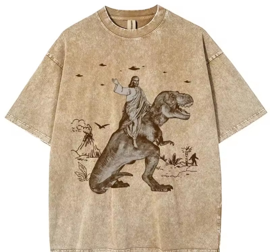 Men’s Multicolor Jesus Dinosaur Graphic Print Crew Neck Short Sleeve T-Shirt L