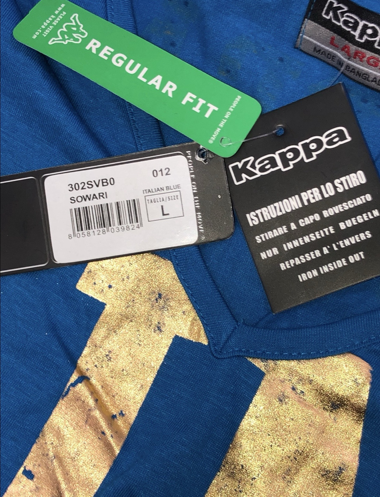 Authentic KAPPA Real Swarovski Crystal UNITY Italian Blue Gold Foil T Shirt L