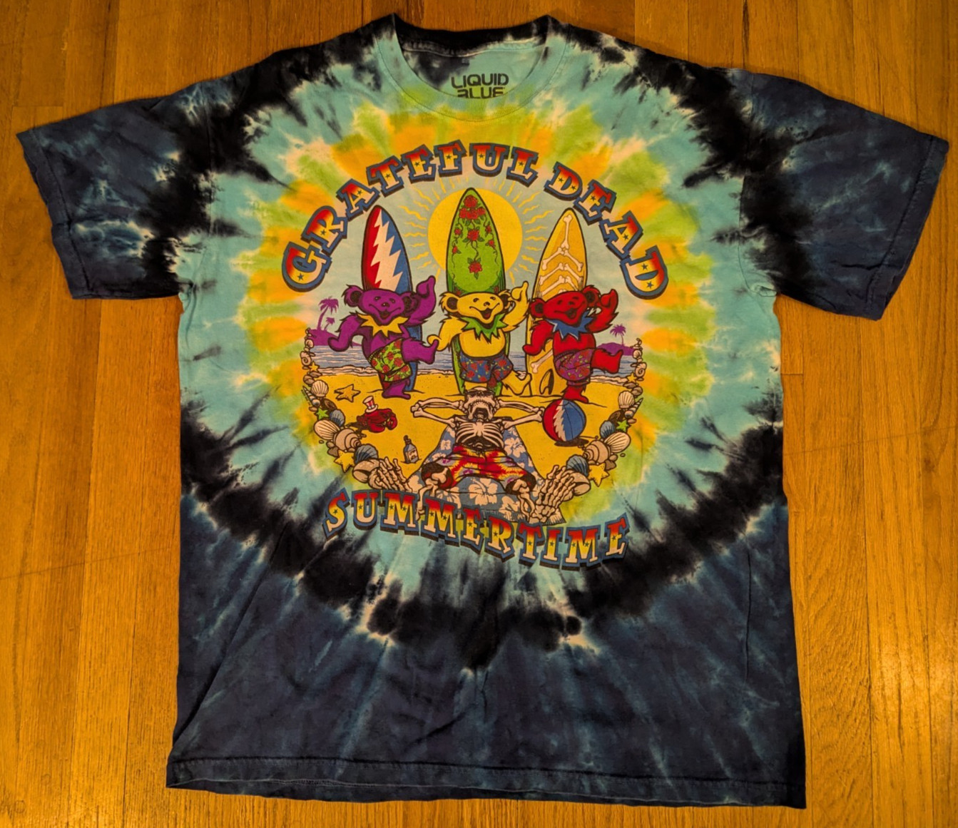 Grateful Dead Summertime Dancing Bears Shirt Tie-Dye Liquid Blue Large