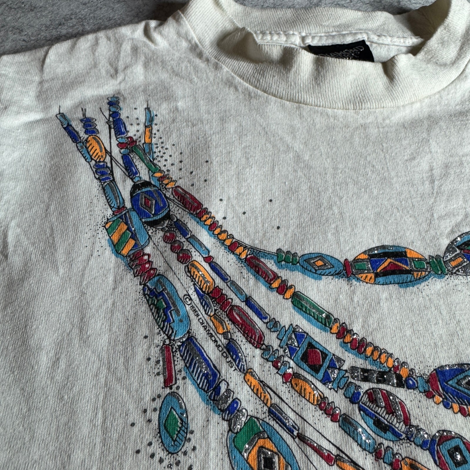 Vintage 90s Diamond Dust Rhinestone Necklace Tee Mens XL White Single Stitch USA
