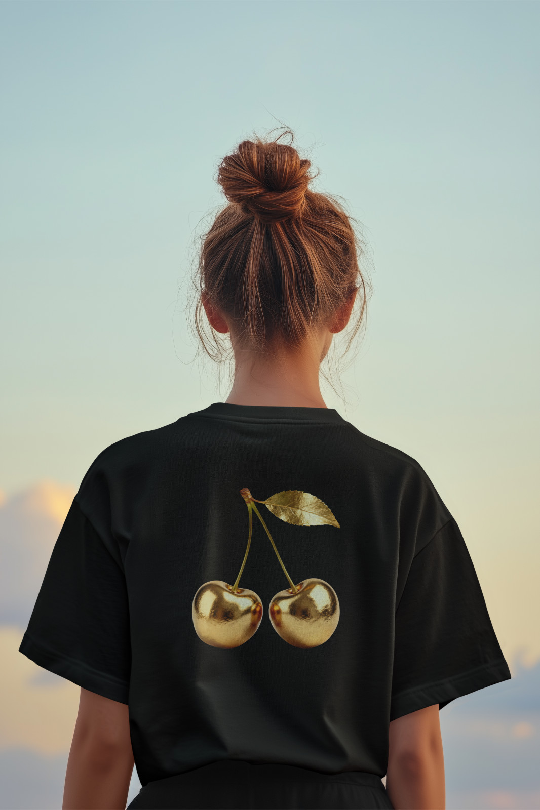 Golden Cherries Graphic Tee Shiny Fruit Design Women’s Casual T-Shirt