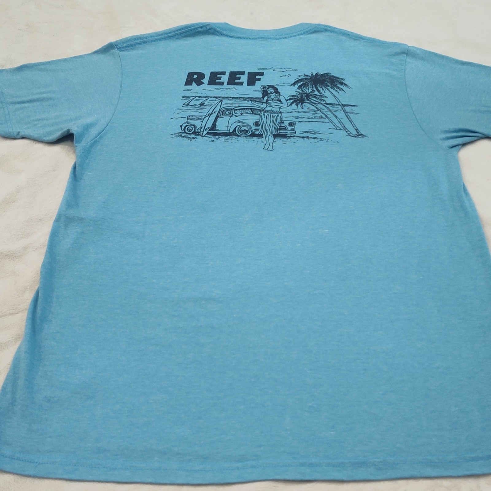 Reef Mens Turquoise Graphic Tee With Surf & Palm Tree Design Size Large