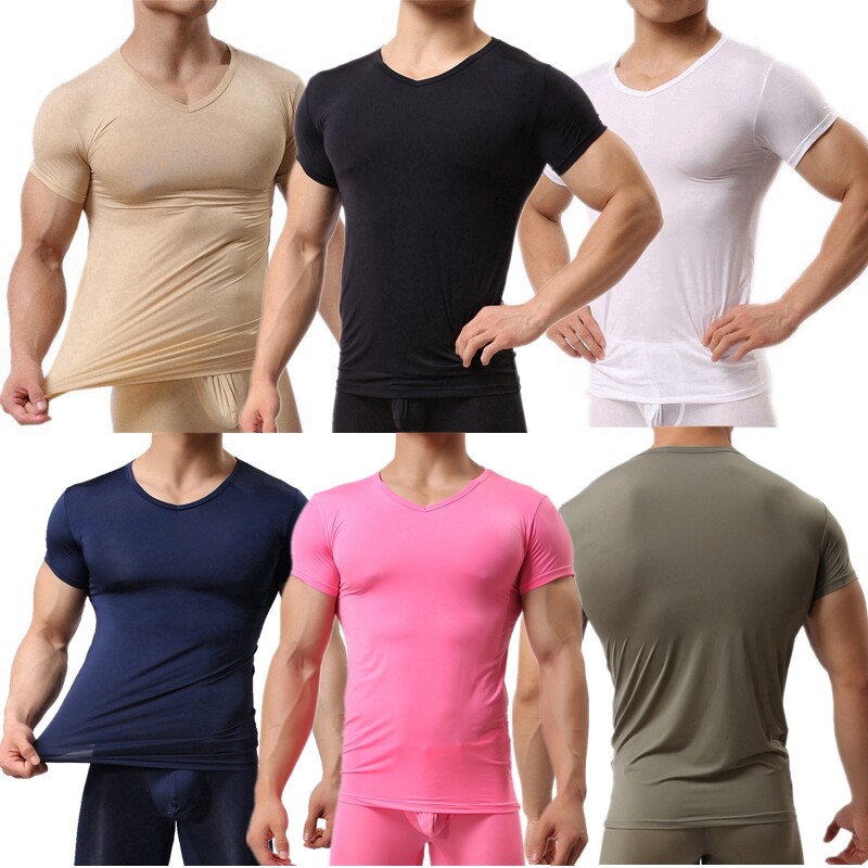 Men Smooth Gym Sport T-shirt Fitness Muscle Stretch Soft Tee Tops Clothes Basic