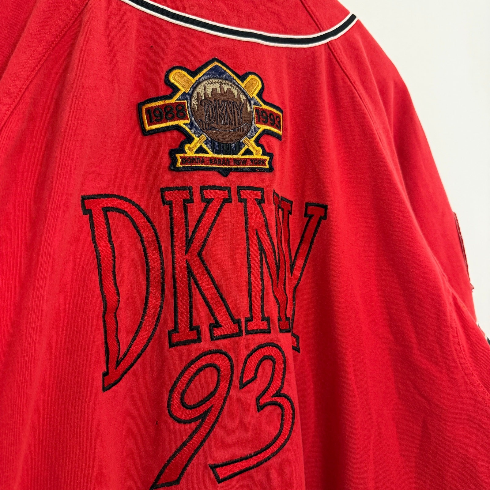 Vintage 90s DKNY Patchwork Baseball Jersey Button Up Shirt Streetwear Sportswear