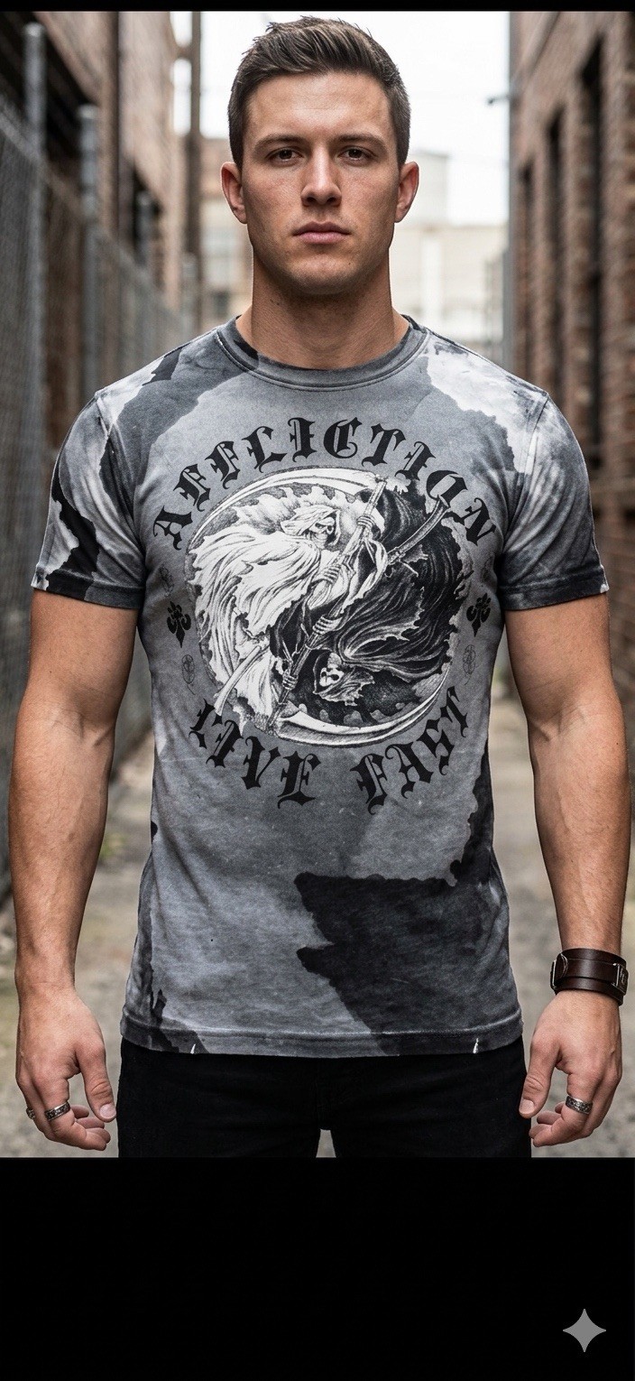 $58 AFFLICTION White Black YING YANG Short Sleeve Slim Fit Y2K T-shirt NWT
