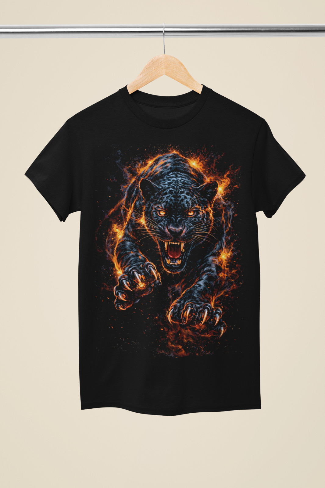Black Panther Attack Graphic T-Shirt | Fire Big Cat Art | Black Tee