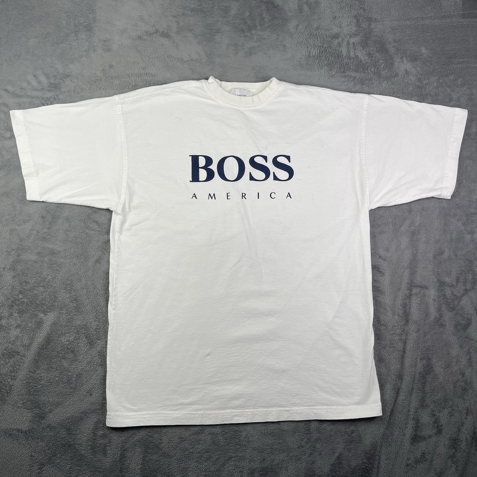 Vintage Hugo Boss T Shirt Mens XL America USA Made White Designer 90s Hip Hop