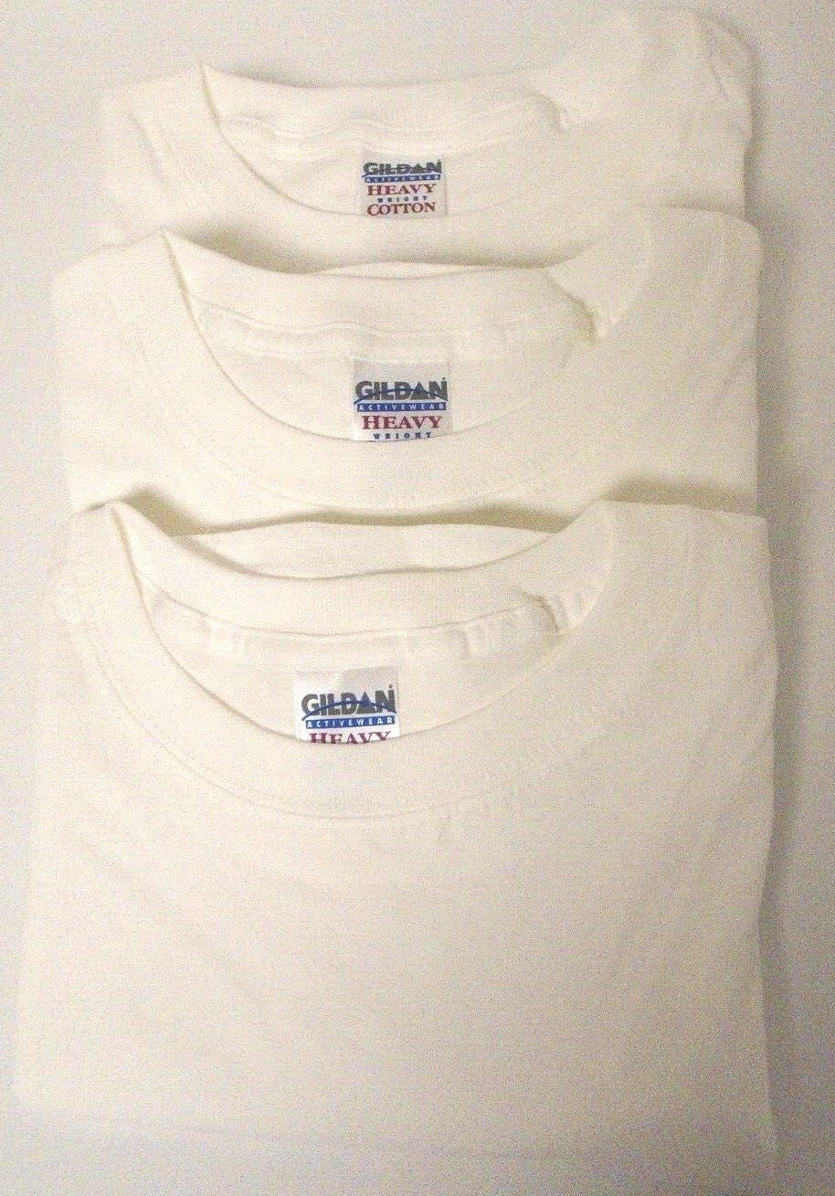 3 T-Shirts Gildan Men’s 5.3 Oz White 100% Preshrunk Heavy Cotton G5000 M/L/Or XL