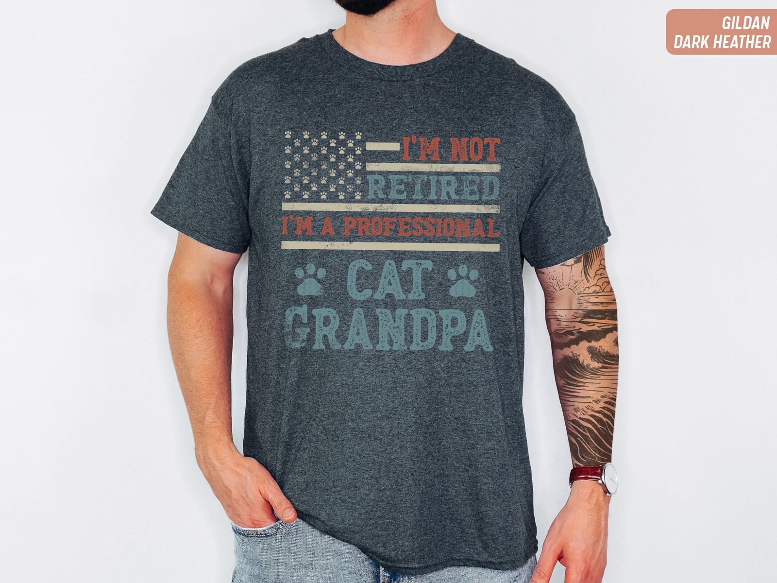 Funny Cat Grandpa Shirt Not Retired Professional Patriotic Fathers Day