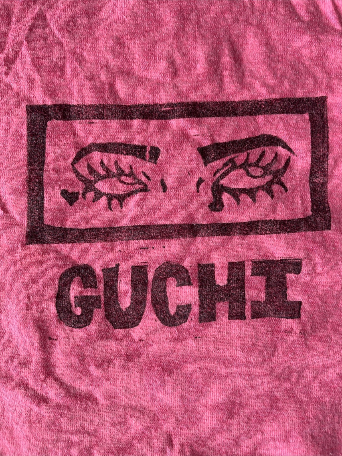 Neon Pink “Guchi” screen printed t shirt size Large Soft Worn Street Art